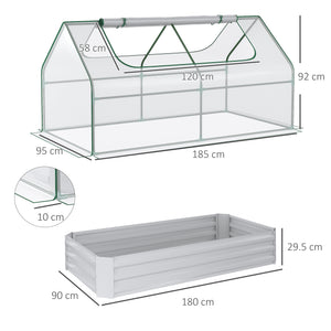 Raised Garden Bed with Greenhouse, Steel Planter Box with Plastic Cover, Roll Up Window, Dual Use for Flowers, Vegetables, Fruits and Herbs, 185L x 95W x 92H cm, Clear