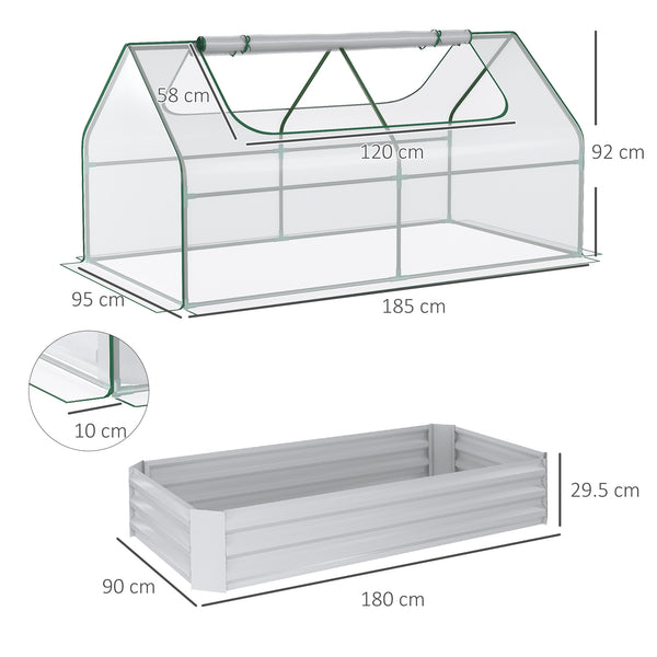 Raised Garden Bed with Greenhouse, Steel Planter Box with Plastic Cover, Roll Up Window, Dual Use for Flowers, Vegetables, Fruits and Herbs, 185L x 95W x 92H cm, Clear