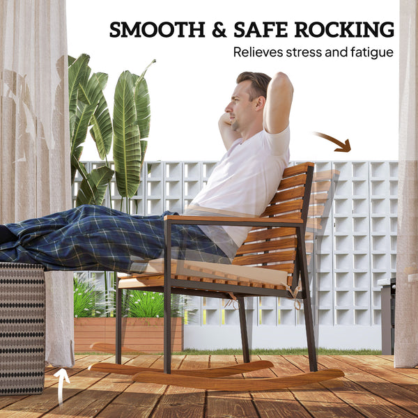 Outdoor Rocking Chair Set of 2, Acacia Wood Outdoor Rockers with Armrests, Cushion, Patio Wooden Rocking Chair Set for Garden, Balcony, Porch, 353 lbs. Capacity, Cream White