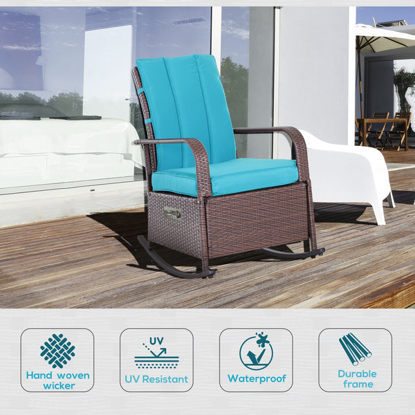 Outdoor Wicker Rocking Chair with Cushion, Patio PE Rattan Recliner Chair with Adjustable Footrest, Armrests, Turquoise