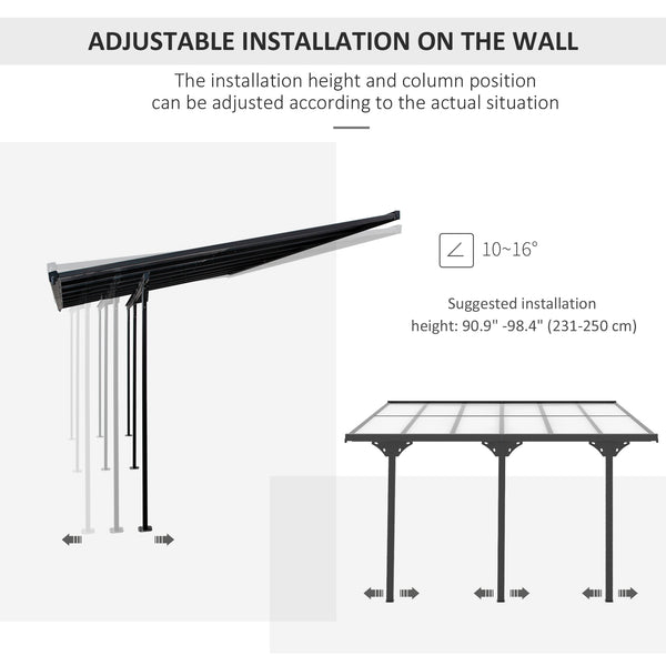 10' x 12' Outdoor Lean to Hardtop Pergola with Polycarbonate Roof, Wall Mounted Gazebo with Adjustable Height, Aluminum Frame, and UV Protection, Grey