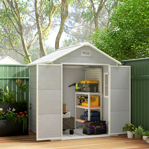 6 x 5ft Garden Shed, Plastic Shed with Floor, Window, Lockable Doors and Vents, Wood Effect Resin Tool Shed for Outdoor Patio, Light Grey