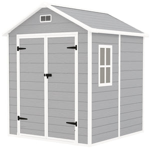 6 x 5ft Garden Shed, Plastic Shed with Floor, Window, Lockable Doors and Vents, Wood Effect Resin Tool Shed for Outdoor Patio, Light Grey