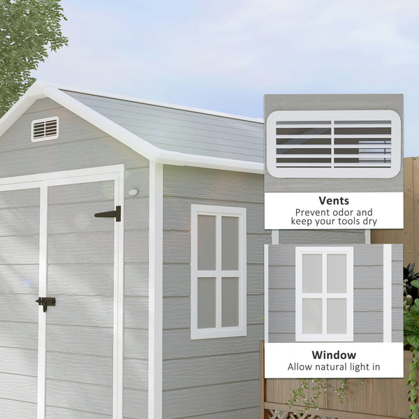 6 x 5ft Garden Shed, Plastic Shed with Floor, Window, Lockable Doors and Vents, Wood Effect Resin Tool Shed for Outdoor Patio, Light Grey