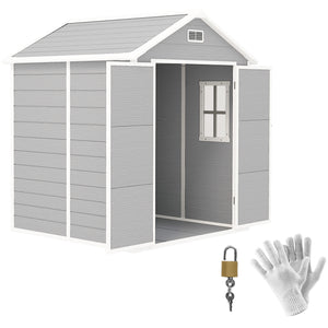 6 x 5ft Garden Shed, Plastic Shed with Floor, Window, Lockable Doors and Vents, Wood Effect Resin Tool Shed for Outdoor Patio, Light Grey