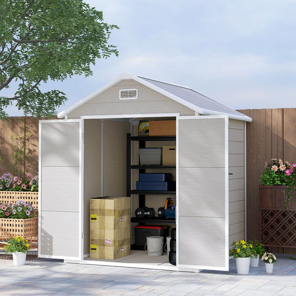 6 x 5ft Garden Shed, Plastic Shed with Floor, Window, Lockable Doors and Vents, Wood Effect Resin Tool Shed for Outdoor Patio, Light Grey