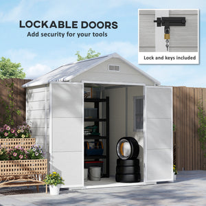 6 x 5ft Garden Shed, Plastic Shed with Floor, Window, Lockable Doors and Vents, Wood Effect Resin Tool Shed for Outdoor Patio, Light Grey