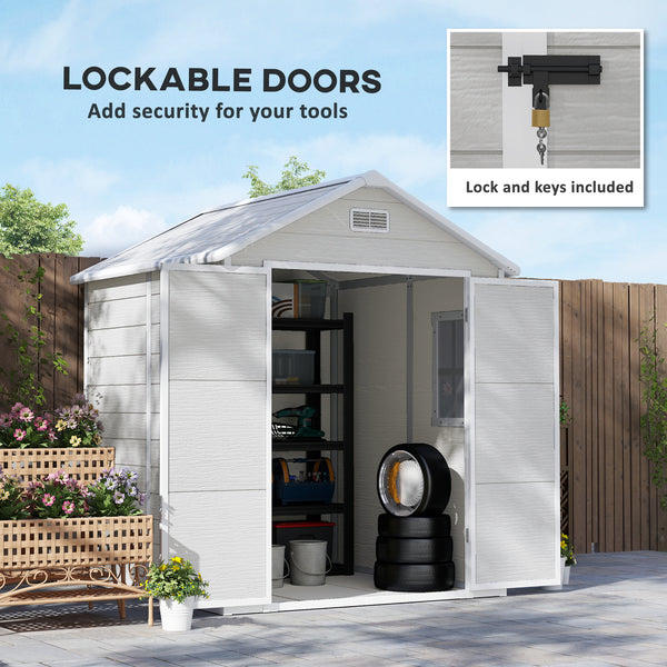 6 x 5ft Garden Shed, Plastic Shed with Floor, Window, Lockable Doors and Vents, Wood Effect Resin Tool Shed for Outdoor Patio, Light Grey