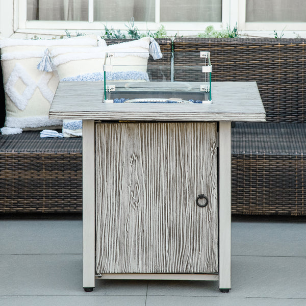 Propane Gas Fire Pit Table for Garden, 40000 BTU Smokeless Firepit Outdoor Patio Heater with Waterproof Cover, Glass Screen, Glass Beads and Lid, Wood Effect, 71 x 71 x 62.5cm, Grey