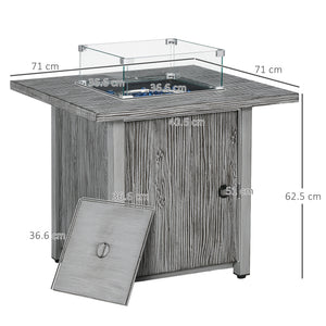Propane Gas Fire Pit Table for Garden, 40000 BTU Smokeless Firepit Outdoor Patio Heater with Waterproof Cover, Glass Screen, Glass Beads and Lid, Wood Effect, 71 x 71 x 62.5cm, Grey