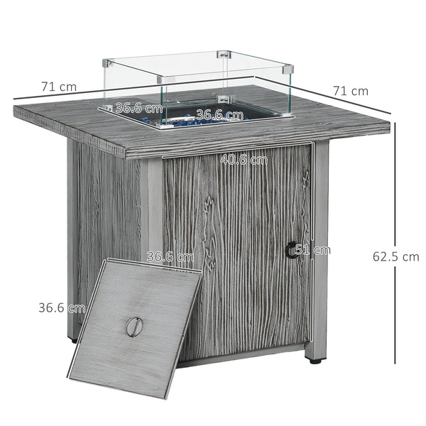 Propane Gas Fire Pit Table for Garden, 40000 BTU Smokeless Firepit Outdoor Patio Heater with Waterproof Cover, Glass Screen, Glass Beads and Lid, Wood Effect, 71 x 71 x 62.5cm, Grey