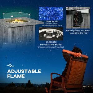 Propane Gas Fire Pit Table for Garden, 40000 BTU Smokeless Firepit Outdoor Patio Heater with Waterproof Cover, Glass Screen, Glass Beads and Lid, Wood Effect, 71 x 71 x 62.5cm, Grey