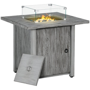 Propane Gas Fire Pit Table for Garden, 40000 BTU Smokeless Firepit Outdoor Patio Heater with Waterproof Cover, Glass Screen, Glass Beads and Lid, Wood Effect, 71 x 71 x 62.5cm, Grey