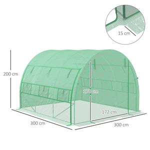 3 x 3 x 2 m Polytunnel Greenhouse with Roll-up Side Walls, Walk-in Grow House Tent with Steel Frame, Reinforced Cover, Zipped Door and 6 Mesh Windows for Garden, Green