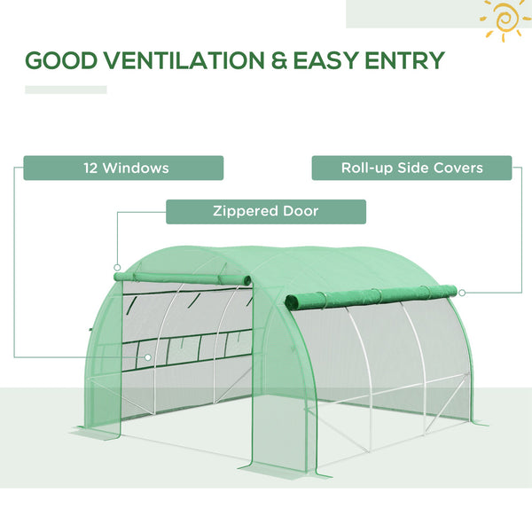 3 x 3 x 2 m Polytunnel Greenhouse with Roll-up Side Walls, Walk-in Grow House Tent with Steel Frame, Reinforced Cover, Zipped Door and 6 Mesh Windows for Garden, Green