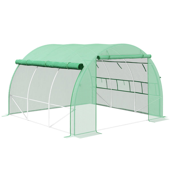 3 x 3 x 2 m Polytunnel Greenhouse with Roll-up Side Walls, Walk-in Grow House Tent with Steel Frame, Reinforced Cover, Zipped Door and 6 Mesh Windows for Garden, Green