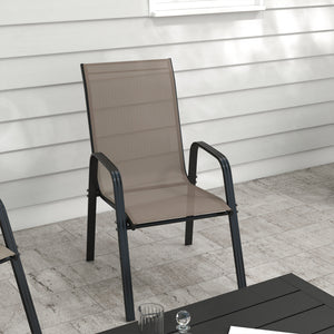 4 Pieces Garden Chairs, Stackable Outdoor Chairs with High Backrest and Armrest, Breathable Mesh Fabric Dining Chair Set of 4, Dark Grey
