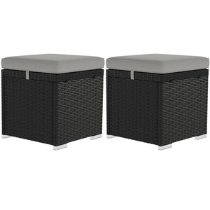 2 Pieces Wicker Outdoor Ottoman with Storage, PE Rattan Patio Storage Ottoman with Removable Cushion, Square Outdoor Footstool Seating, Footrest and Side Table, Light Grey