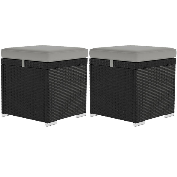 2 Pieces Wicker Outdoor Ottoman with Storage, PE Rattan Patio Storage Ottoman with Removable Cushion, Square Outdoor Footstool Seating, Footrest and Side Table, Light Grey