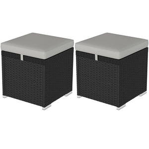 2 Pieces Wicker Outdoor Ottoman with Storage, PE Rattan Patio Storage Ottoman with Removable Cushion, Square Outdoor Footstool Seating, Footrest and Side Table, Light Grey