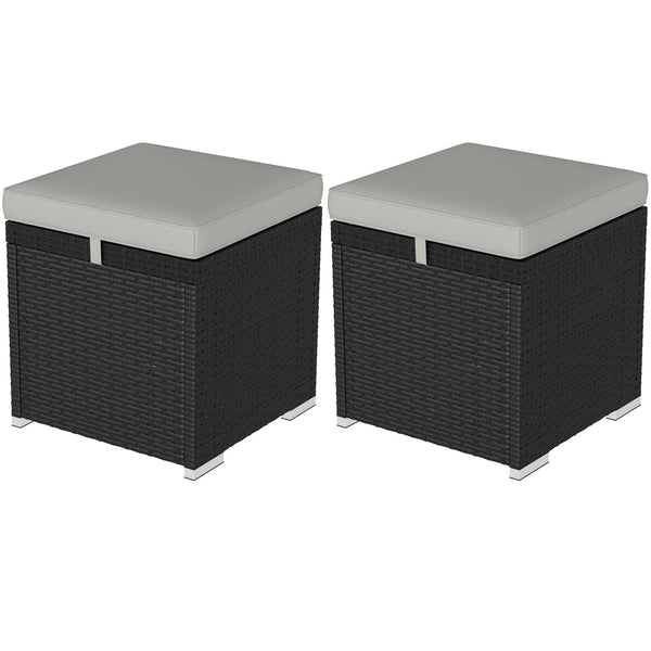 2 Pieces Wicker Outdoor Ottoman with Storage, PE Rattan Patio Storage Ottoman with Removable Cushion, Square Outdoor Footstool Seating, Footrest and Side Table, Light Grey
