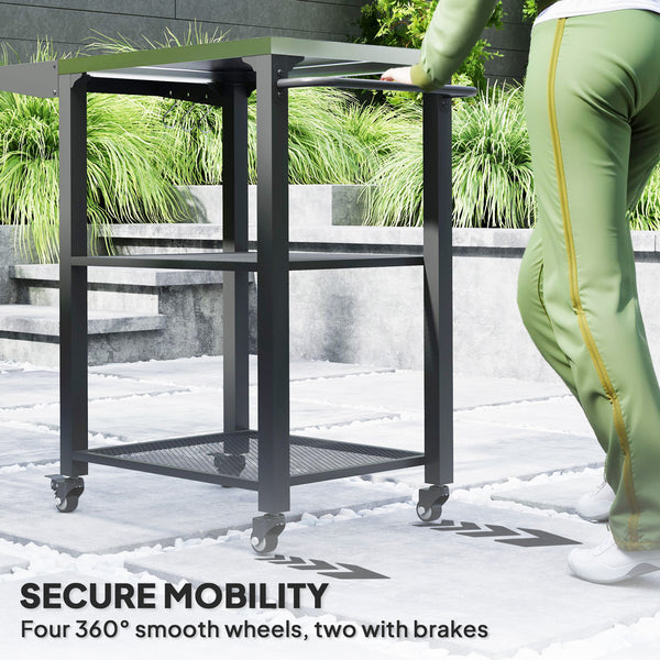 3-Shelf Outdoor Grill Cart with Foldable Side Table, 22" x 16.1" Pizza Oven Stand with Stainless Steel Tabletop, Hooks, Movable Food Prep Table on Wheels
