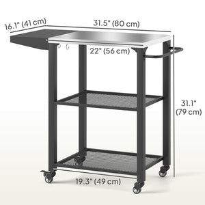 3-Shelf Outdoor Grill Cart with Foldable Side Table, 22" x 16.1" Pizza Oven Stand with Stainless Steel Tabletop, Hooks, Movable Food Prep Table on Wheels