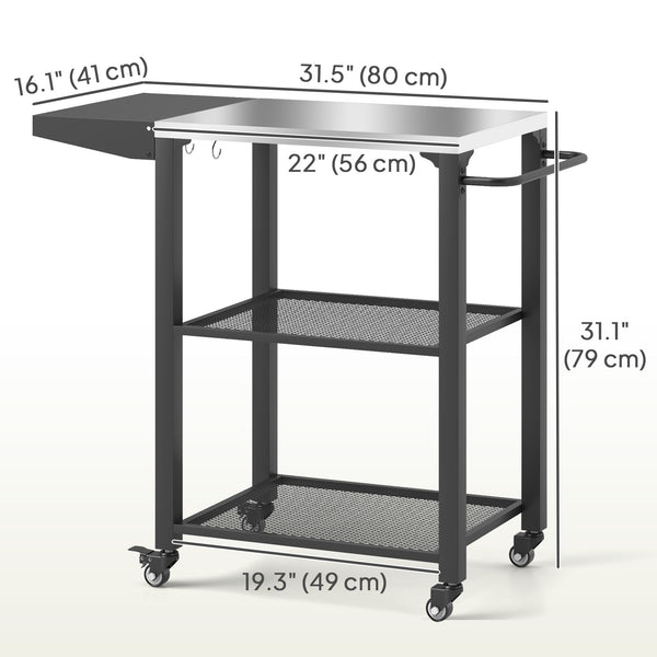 3-Shelf Outdoor Grill Cart with Foldable Side Table, 22" x 16.1" Pizza Oven Stand with Stainless Steel Tabletop, Hooks, Movable Food Prep Table on Wheels