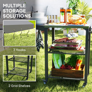 3-Shelf Outdoor Grill Cart with Foldable Side Table, 22" x 16.1" Pizza Oven Stand with Stainless Steel Tabletop, Hooks, Movable Food Prep Table on Wheels