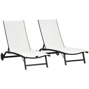 Lounge Chair Outdoor Set of 2 with Wheels, 5-Position Reclining Chaise Lounge Tanning Chair, Breathable Mesh Sun Lounger for Patio, Backyard, Beach, Poolside, Cream White