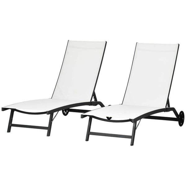 Lounge Chair Outdoor Set of 2 with Wheels, 5-Position Reclining Chaise Lounge Tanning Chair, Breathable Mesh Sun Lounger for Patio, Backyard, Beach, Poolside, Cream White