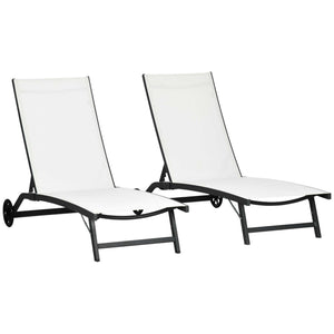 Lounge Chair Outdoor Set of 2 with Wheels, 5-Position Reclining Chaise Lounge Tanning Chair, Breathable Mesh Sun Lounger for Patio, Backyard, Beach, Poolside, Cream White
