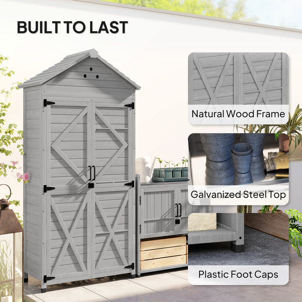 2-in-1 Outdoor Storage Cabinet, Wood Garden Shed with Shelves, Latch Doors and Vent Holes, Outdoor Tool Shed with Foot Caps for Backyard, Patio, Lawn, Light Grey