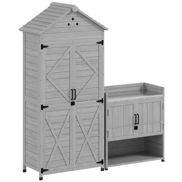 2-in-1 Outdoor Storage Cabinet, Wood Garden Shed with Shelves, Latch Doors and Vent Holes, Outdoor Tool Shed with Foot Caps for Backyard, Patio, Lawn, Light Grey