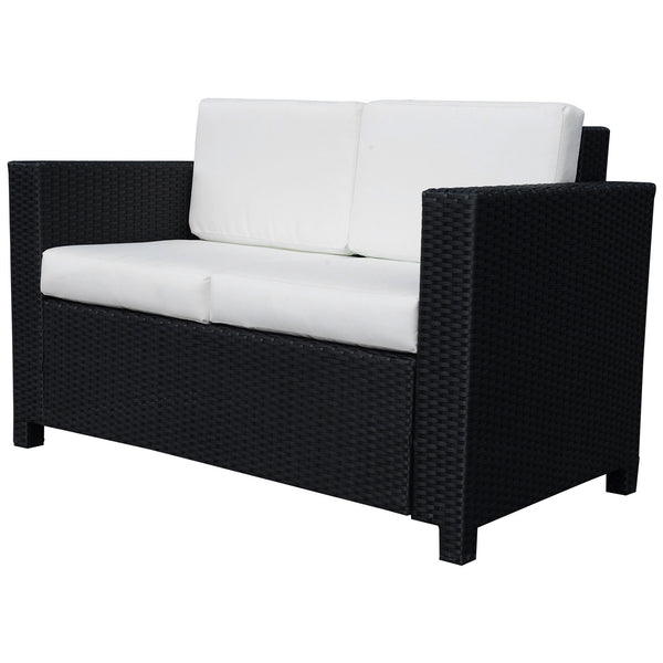 Rattan Sofa, 2 Seater Garden Furniture with Soft Padded Cushion and Armrests, Wicker Garden Loveseat for Patio, Black