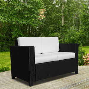 Rattan Sofa, 2 Seater Garden Furniture with Soft Padded Cushion and Armrests, Wicker Garden Loveseat for Patio, Black