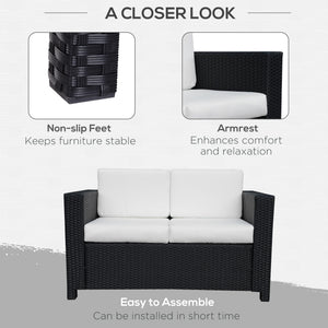 Rattan Sofa, 2 Seater Garden Furniture with Soft Padded Cushion and Armrests, Wicker Garden Loveseat for Patio, Black