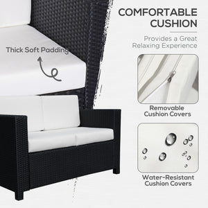 Rattan Sofa, 2 Seater Garden Furniture with Soft Padded Cushion and Armrests, Wicker Garden Loveseat for Patio, Black