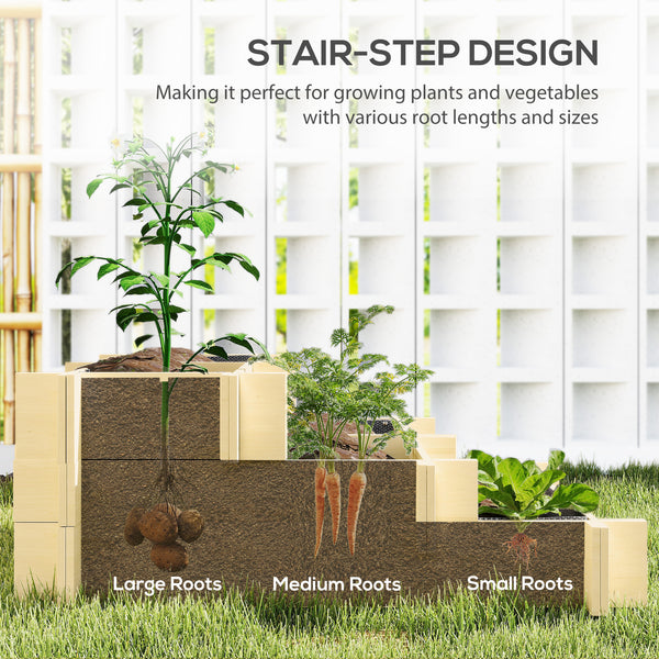 3-Tier Raised Garden Bed with 5 Compartments and Bed Liner, Fir Wood Elevated Planter Box, for Vegetables, Herbs, Outdoor Plants, 37 x 37 x 14in, Natural