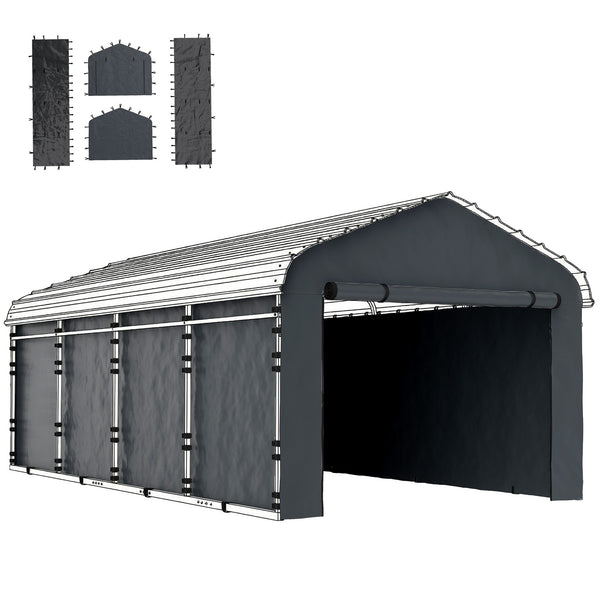 Carport Replacement Canopy Cover Sidewalls for 10' x 15' Carport, UPF50+ Waterproof PE Garage Car Tent Shelter Tarp with Roll up Door, Sidewall ONLY, Dark Grey