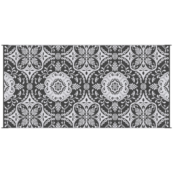 Outsunny Reversible Outdoor Rug, 9' x 18' Waterproof Plastic Straw Floor Mat, Portable RV Camping Carpet, Large Floor Mat for Backyard, Deck, Picnic, Beach, Gray & White Floral