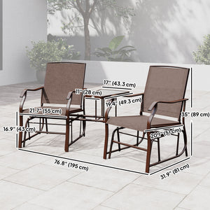 Double Patio Glider Chair with Glass Top Center Table, Outdoor Glider Loveseat with High Back,  All Weather Breathable Mesh Fabric for Garden, Backyard, Deck, Brown