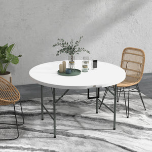 Φ48" Folding Patio Table, Outdoor HDPE Picnic Table, Card Table for 6, Round Folding Banquet with Metal Frame, White