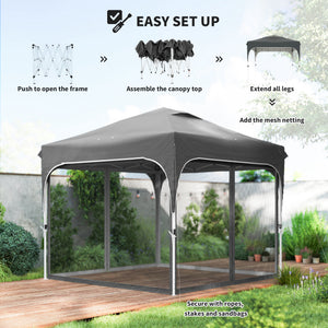 10 x 10 ft Pop Up Canopy Tent with Mosquito Netting, UPF 50+ Central Lock Easy Setup Outdoor Party Tent Instant Canopy with 4 Sandbags, Carry Bag, Dark Grey