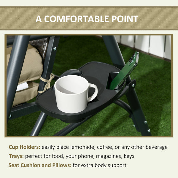 Outsunny 3-Seat Patio Swing Chair, Outdoor Canopy Swing Glider with Removable Cushion, Pillows, Adjustable Shade, and Rattan Seat, for Porch, Garden, Poolside, Backyard