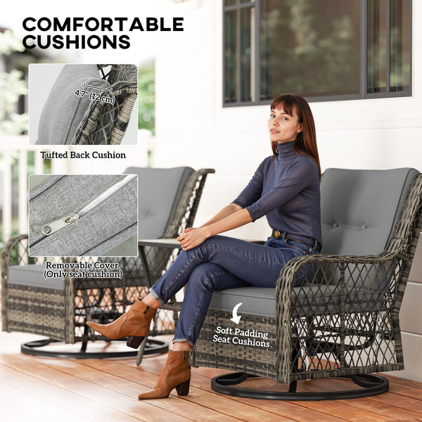 3 Pieces Wicker Patio Furniture Set, Rattan Bistro Set with Swivel Glider Chairs, Cushions, Bistro Table Set Outdoor Patio Conversation Set for Porch Balcony, Grey