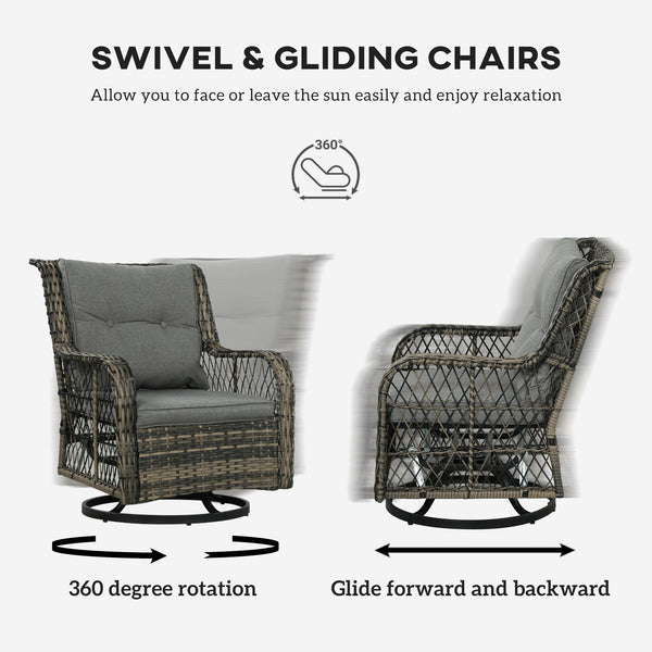 3 Pieces Wicker Patio Furniture Set, Rattan Bistro Set with Swivel Glider Chairs, Cushions, Bistro Table Set Outdoor Patio Conversation Set for Porch Balcony, Grey