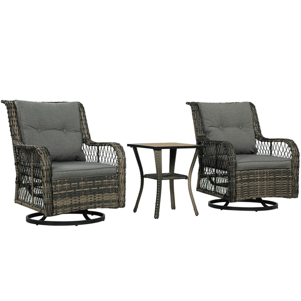 3 Pieces Wicker Patio Furniture Set, Rattan Bistro Set with Swivel Glider Chairs, Cushions, Bistro Table Set Outdoor Patio Conversation Set for Porch Balcony, Grey
