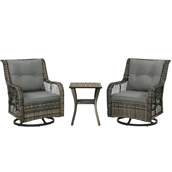 3 Pieces Wicker Patio Furniture Set, Rattan Bistro Set with Swivel Glider Chairs, Cushions, Bistro Table Set Outdoor Patio Conversation Set for Porch Balcony, Grey