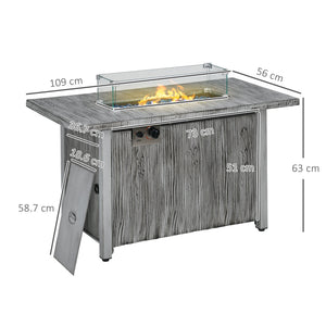 Propane Gas Fire Pit Table for Garden, 50000 BTU Smokeless Firepit Outdoor Patio Heater with Waterproof Cover, Glass Screen, Glass Beads and Lid, Wood Effect, 109 x 56 x 63cm, Grey